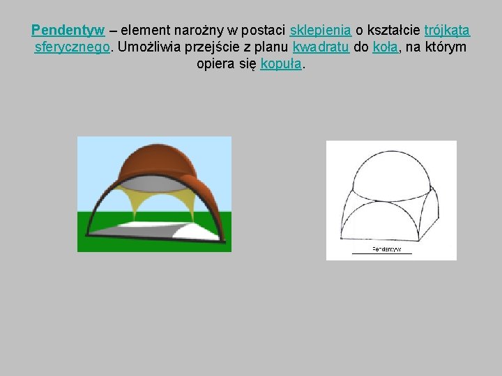 Pendentyw – element narożny w postaci sklepienia o kształcie trójkąta sferycznego. Umożliwia przejście z