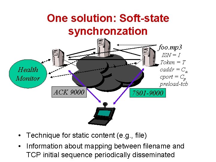 One solution: Soft-state synchronzation foo. mp 3 ISN = I Token = T caddr