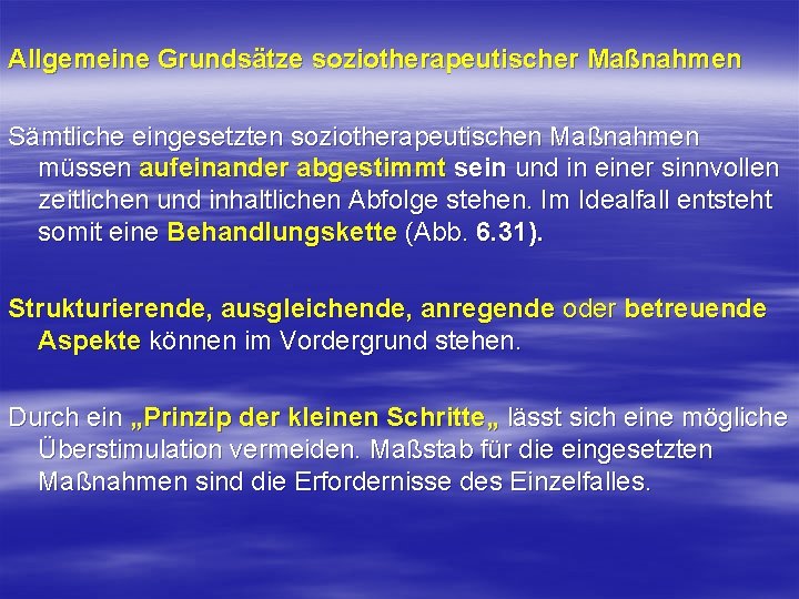 Allgemeine Grundsätze soziotherapeutischer Maßnahmen Sämtliche eingesetzten soziotherapeutischen Maßnahmen müssen aufeinander abgestimmt sein und in