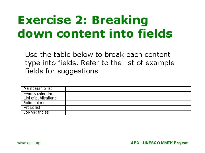 Exercise 2: Breaking down content into fields Use the table below to break each