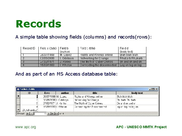 Records A simple table showing fields (columns) and records(rows): And as part of an