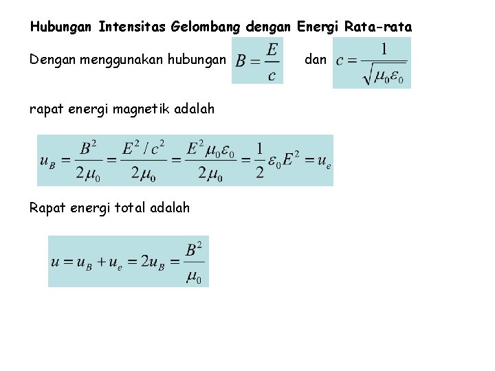 Hubungan Intensitas Gelombang dengan Energi Rata-rata Dengan menggunakan hubungan rapat energi magnetik adalah Rapat