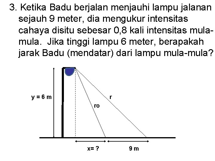 3. Ketika Badu berjalan menjauhi lampu jalanan sejauh 9 meter, dia mengukur intensitas cahaya