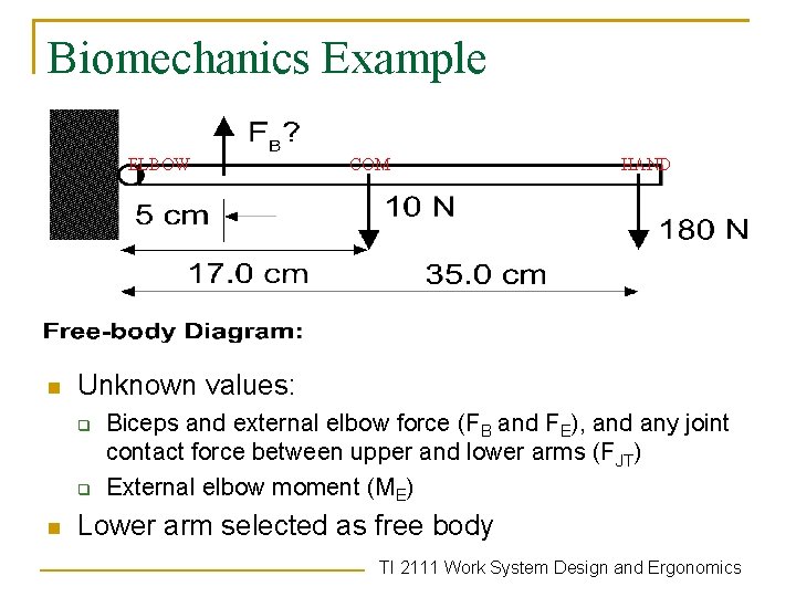 Biomechanics Example ELBOW n HAND Unknown values: q q n COM Biceps and external