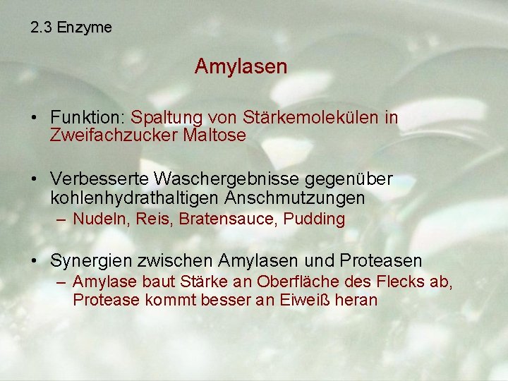 2. 3 Enzyme Amylasen • Funktion: Spaltung von Stärkemolekülen in Zweifachzucker Maltose • Verbesserte