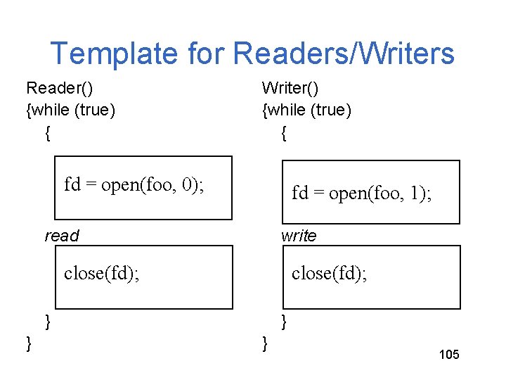 Template for Readers/Writers Reader() {while (true) { Writer() {while (true) { fd = open(foo, Template for Readers/Writers Reader() {while (true) { Writer() {while (true) { fd = open(foo,