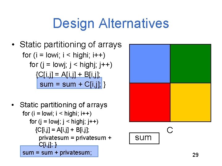 Design Alternatives • Static partitioning of arrays for (i = lowi; i < highi; Design Alternatives • Static partitioning of arrays for (i = lowi; i < highi;