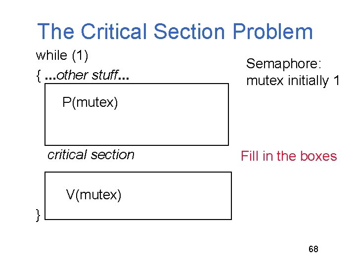 The Critical Section Problem while (1) {. . . other stuff. . . Semaphore: The Critical Section Problem while (1) {. . . other stuff. . . Semaphore: