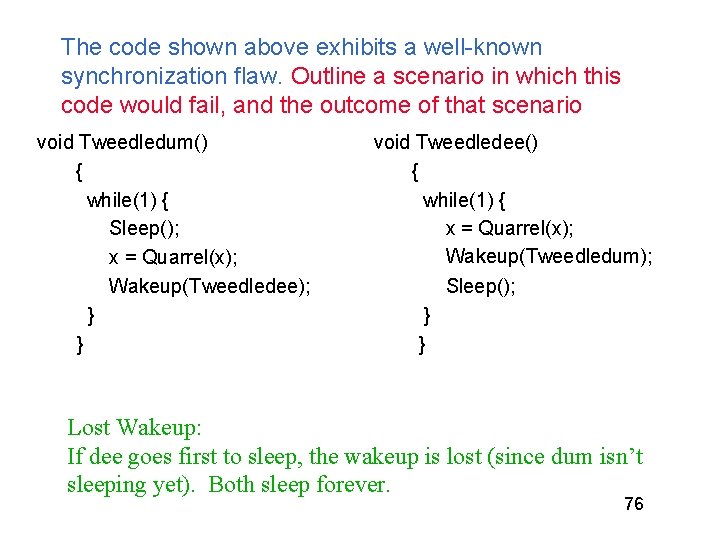 The code shown above exhibits a well-known synchronization flaw. Outline a scenario in which The code shown above exhibits a well-known synchronization flaw. Outline a scenario in which