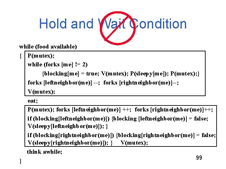 Hold and Wait Condition while (food available) { P(mutex); while (forks [me] != 2)