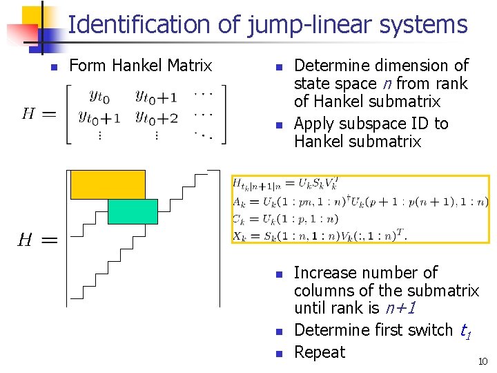 Identification of jump-linear systems n Form Hankel Matrix n n n Determine dimension of