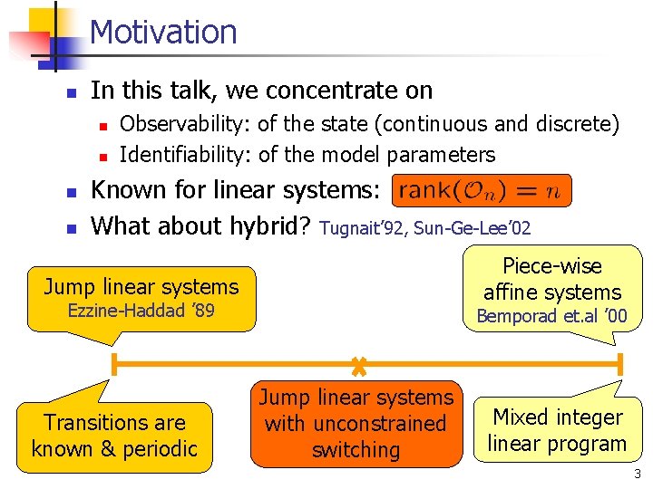 Motivation n In this talk, we concentrate on n n Observability: of the state