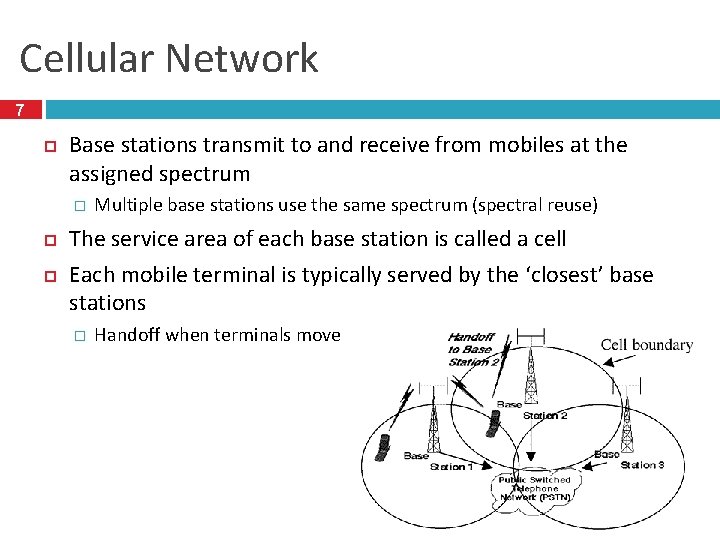 Cellular Network 7 Base stations transmit to and receive from mobiles at the assigned