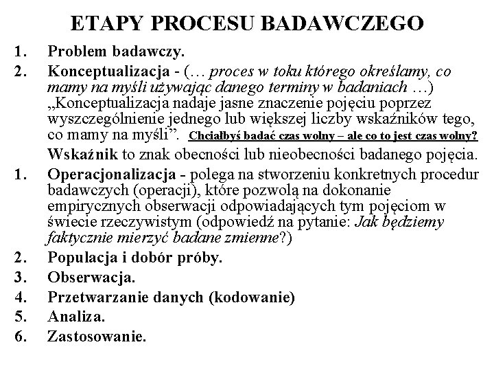 ETAPY PROCESU BADAWCZEGO 1. 2. 1. 2. 3. 4. 5. 6. Problem badawczy. Konceptualizacja