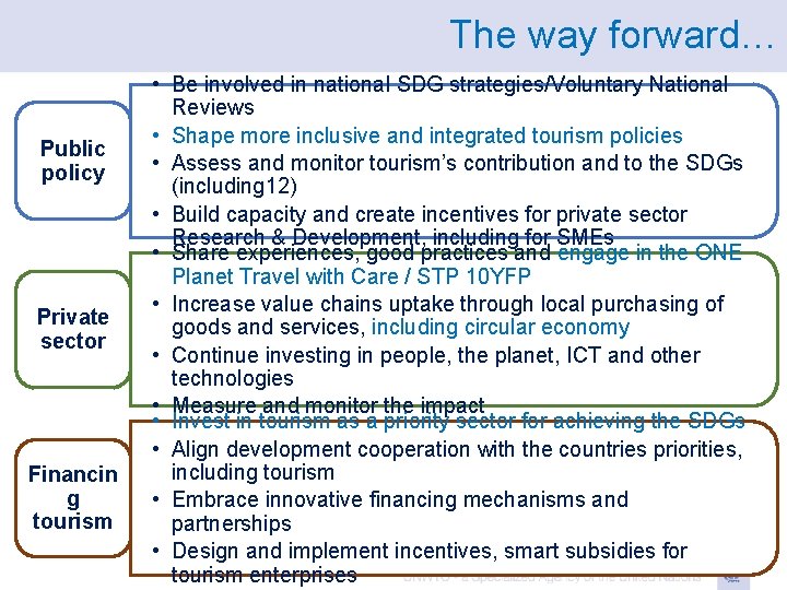 The way forward… Public policy Private sector Financin g tourism • Be involved in