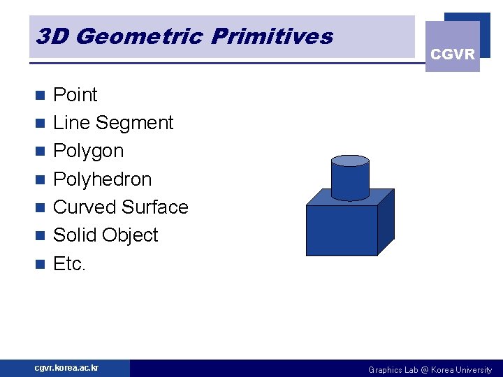 3 D Geometric Primitives n n n n CGVR Point Line Segment Polygon Polyhedron