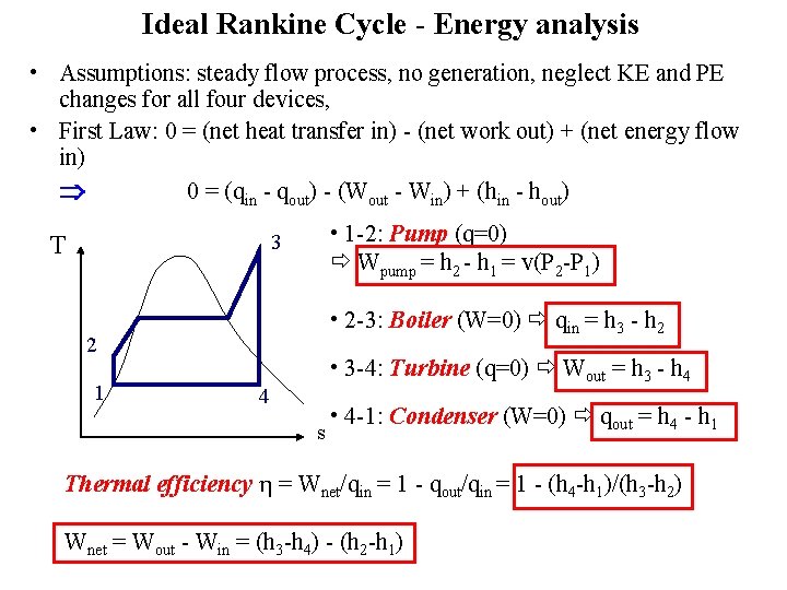 Ideal Rankine Cycle - Energy analysis • Assumptions: steady flow process, no generation, neglect