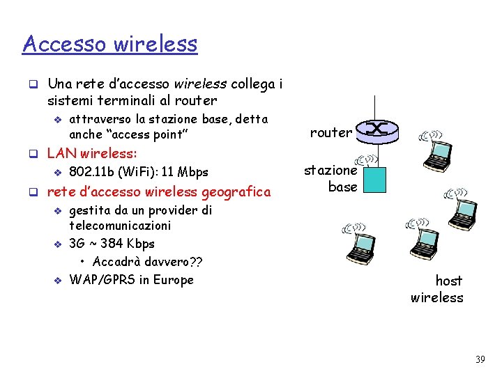 Accesso wireless q Una rete d’accesso wireless collega i sistemi terminali al router v
