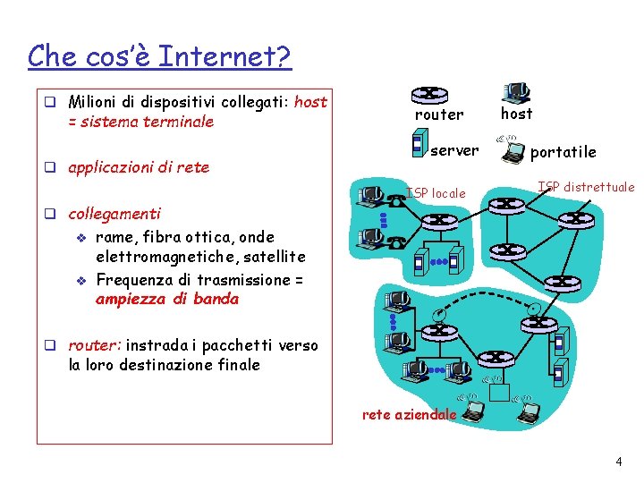 Che cos’è Internet? q Milioni di dispositivi collegati: host = sistema terminale q applicazioni