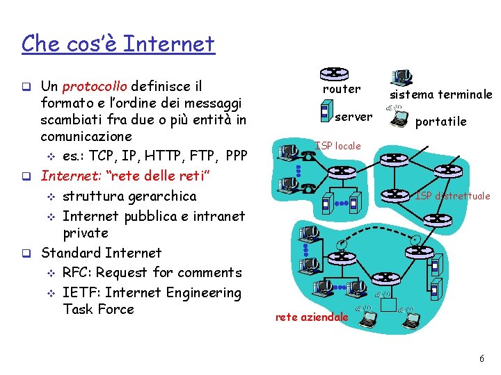 Che cos’è Internet q Un protocollo definisce il formato e l’ordine dei messaggi scambiati
