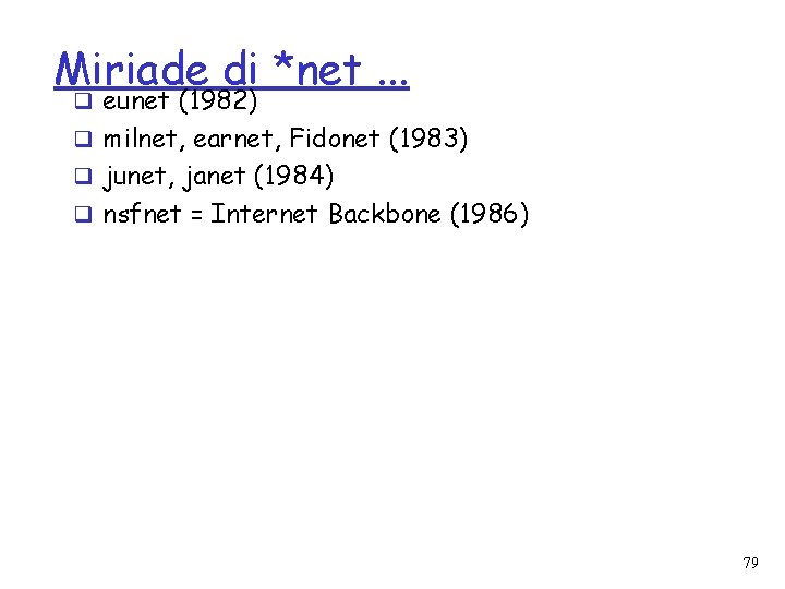 Miriade di *net. . . q eunet (1982) q milnet, earnet, Fidonet (1983) q