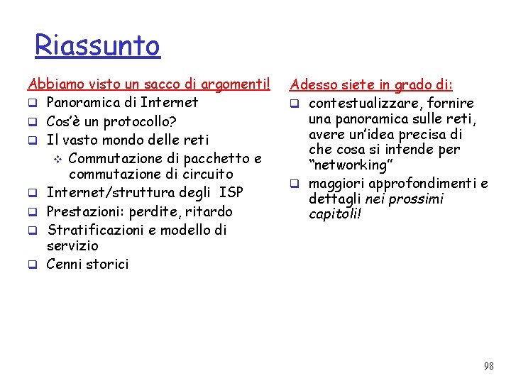 Riassunto Abbiamo visto un sacco di argomenti! q Panoramica di Internet q Cos’è un