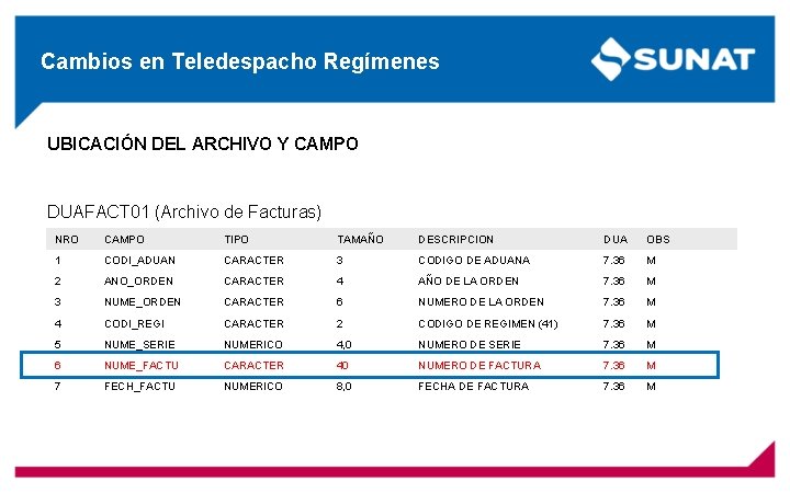 Cambios en Teledespacho Regímenes UBICACIÓN DEL ARCHIVO Y CAMPO DUAFACT 01 (Archivo de Facturas)