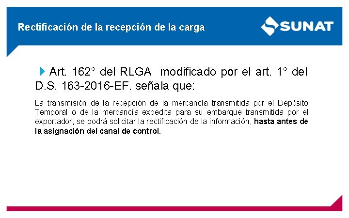 Rectificación de la recepción de la carga Art. 162° del RLGA modificado por el