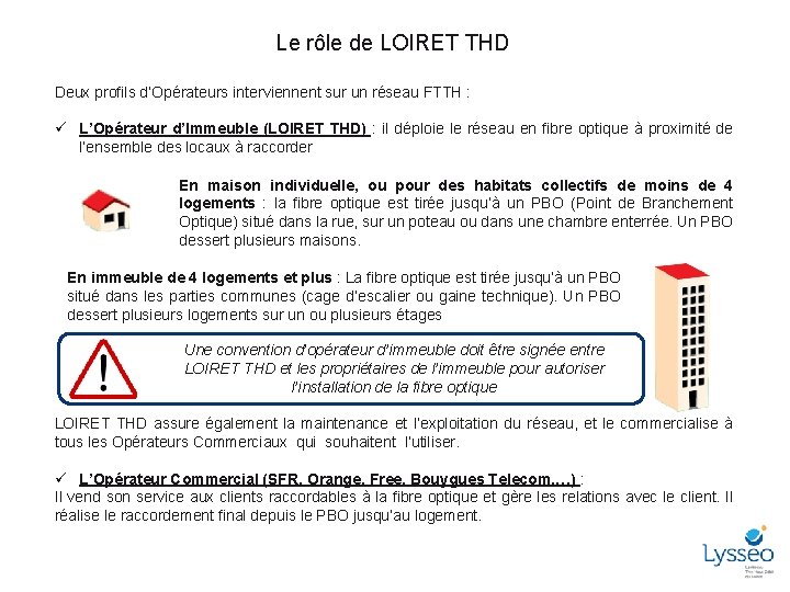 Le rôle de LOIRET THD Deux profils d’Opérateurs interviennent sur un réseau FTTH :