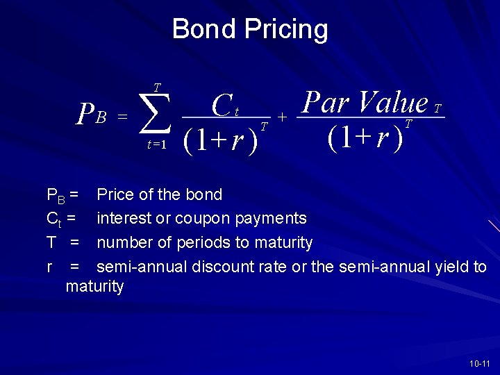 Bond Pricing T P B = å t =1 Ct T (1+ r )