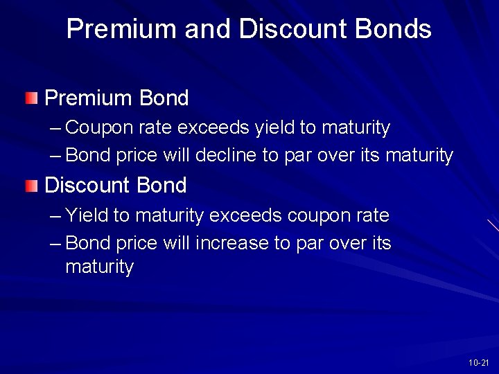 Premium and Discount Bonds Premium Bond – Coupon rate exceeds yield to maturity –