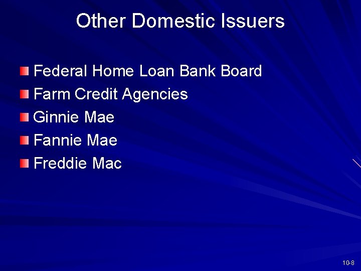 Other Domestic Issuers Federal Home Loan Bank Board Farm Credit Agencies Ginnie Mae Fannie