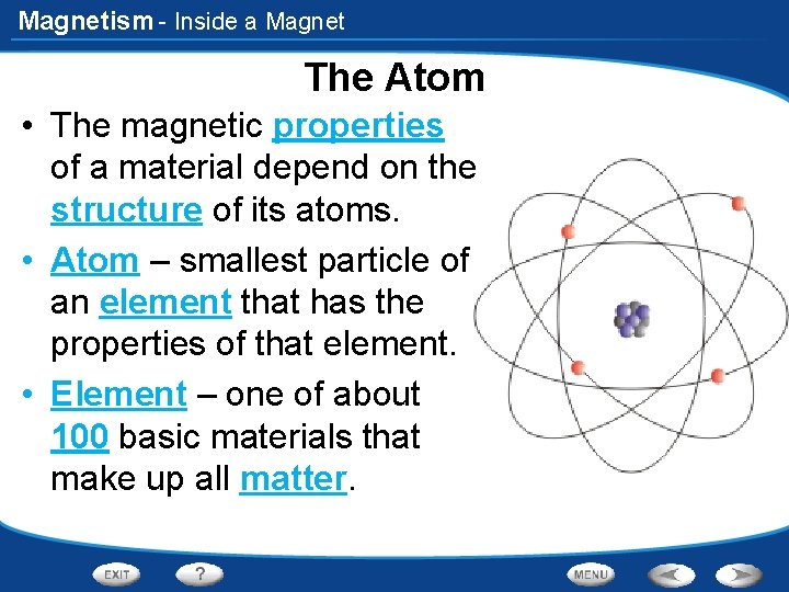 Magnetism - Inside a Magnet The Atom • The magnetic properties of a material