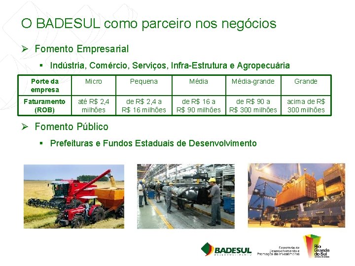 O BADESUL como parceiro nos negócios Ø Fomento Empresarial § Indústria, Comércio, Serviços, Infra-Estrutura