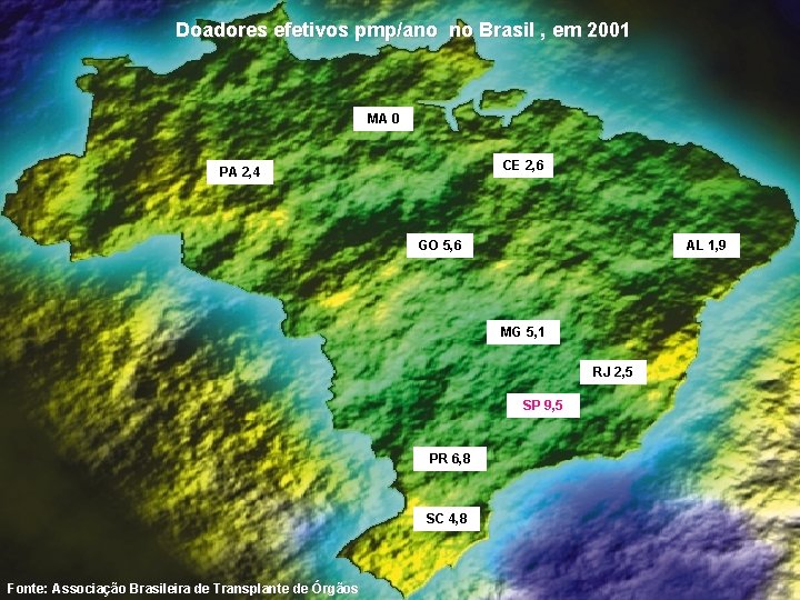 Doadores efetivos pmp/ano no Brasil , em 2001 MA 0 CE 2, 6 PA