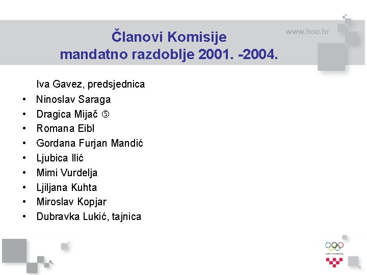 Članovi Komisije mandatno razdoblje 2001. -2004. • • • Iva Gavez, predsjednica Ninoslav Saraga