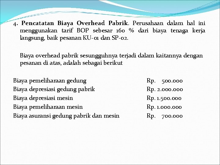 4. Pencatatan Biaya Overhead Pabrik. Perusahaan dalam hal ini menggunakan tarif BOP sebesar 160