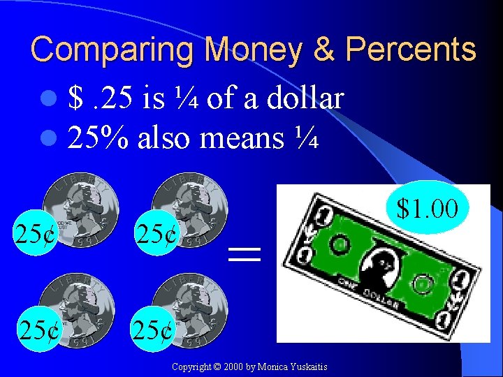 Comparing Money & Percents l $. 25 is ¼ of a dollar l 25%