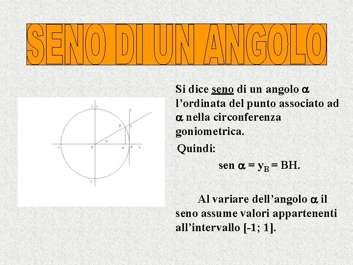 Si dice seno di un angolo l’ordinata del punto associato ad nella circonferenza goniometrica.
