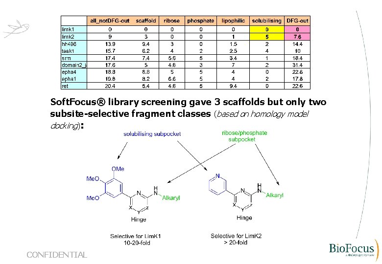 Soft. Focus® library screening gave 3 scaffolds but only two subsite-selective fragment classes (based