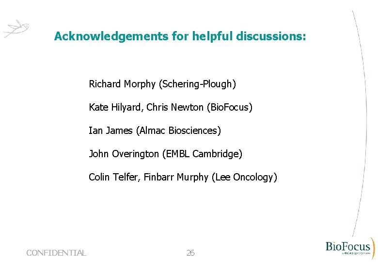 Acknowledgements for helpful discussions: Richard Morphy (Schering-Plough) Kate Hilyard, Chris Newton (Bio. Focus) Ian