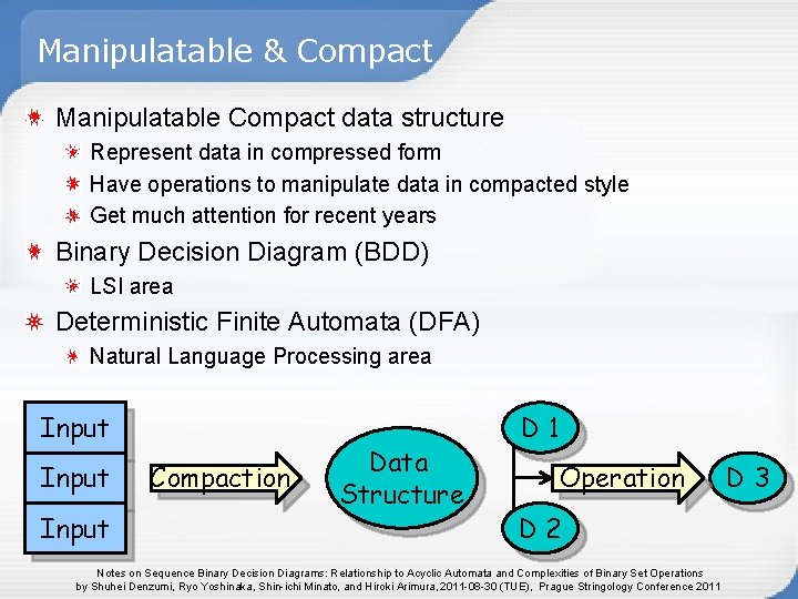 Manipulatable & Compact Manipulatable Compact data structure Represent data in compressed form Have operations Manipulatable & Compact Manipulatable Compact data structure Represent data in compressed form Have operations