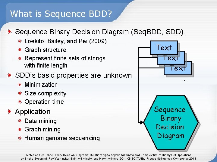 What is Sequence BDD? Sequence Binary Decision Diagram (Seq. BDD, SDD). Loekito, Bailey, and What is Sequence BDD? Sequence Binary Decision Diagram (Seq. BDD, SDD). Loekito, Bailey, and
