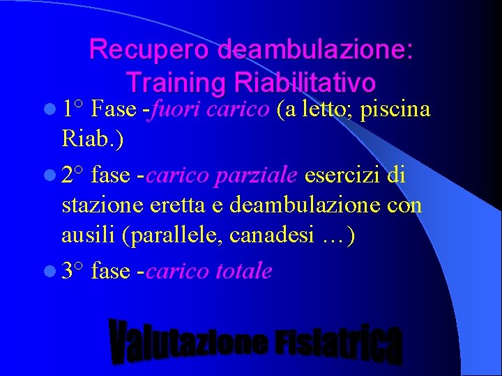l 1° Recupero deambulazione: Training Riabilitativo Fase -fuori carico (a letto; piscina Riab. )
