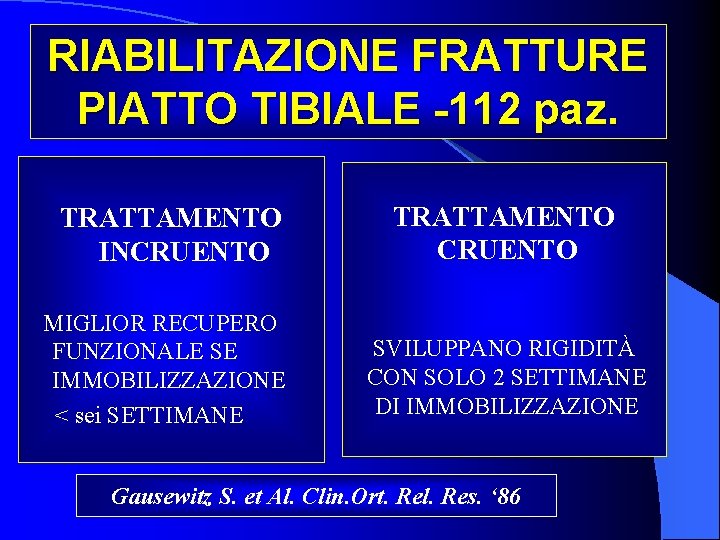 RIABILITAZIONE FRATTURE PIATTO TIBIALE -112 paz. TRATTAMENTO INCRUENTO TRATTAMENTO CRUENTO MIGLIOR RECUPERO FUNZIONALE SE