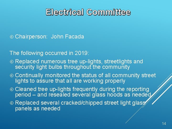 Electrical Committee Chairperson: John Facada The following occurred in 2019: Replaced numerous tree up-lights,