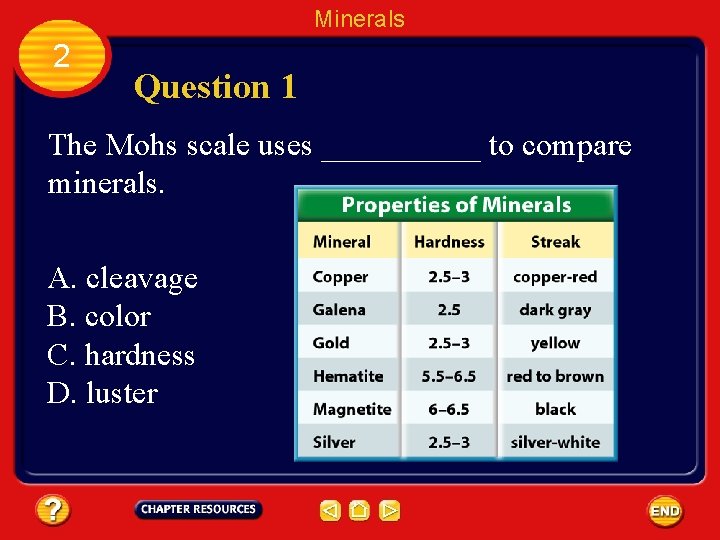 Minerals 2 Question 1 The Mohs scale uses _____ to compare minerals. A. cleavage