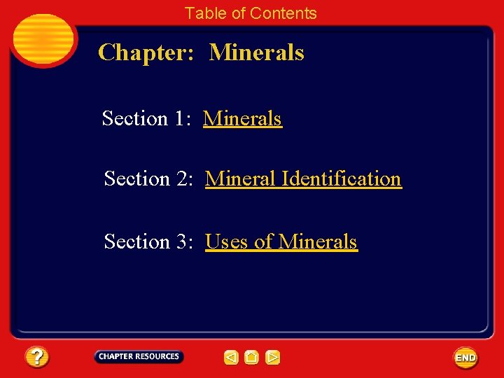 Table of Contents Chapter: Minerals Section 1: Minerals Section 2: Mineral Identification Section 3: