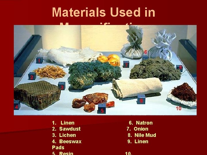 Materials Used in Mummification 1. Linen 2. Sawdust 3. Lichen 4. Beeswax Pads 6.