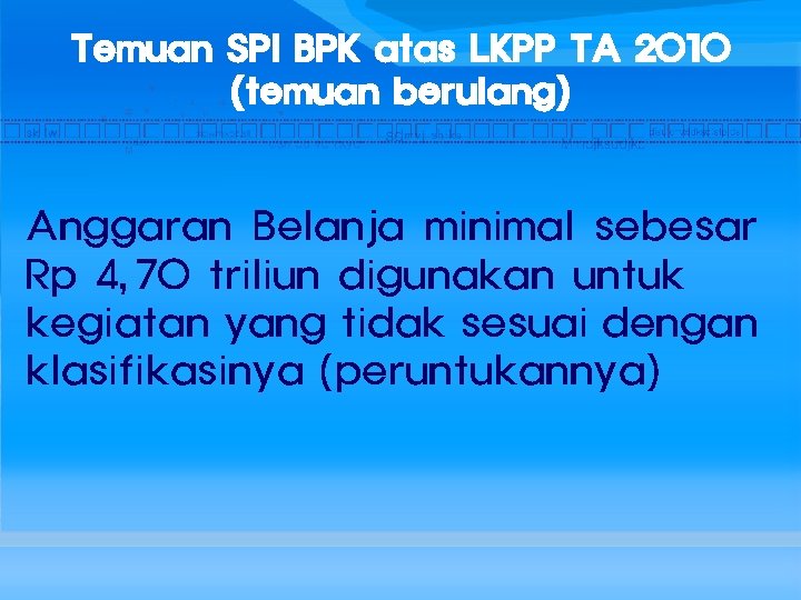 Temuan SPI BPK atas LKPP TA 2010 (temuan berulang) Anggaran Belanja minimal sebesar Rp